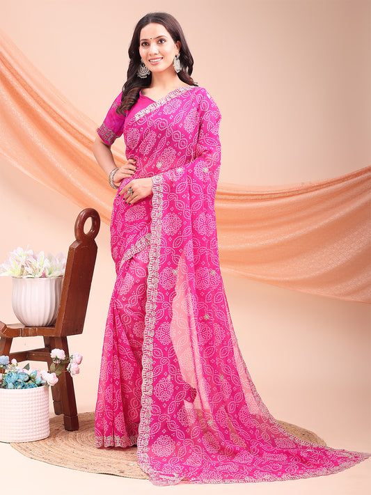 Women's Georgette Bandhani Saree With Unstitched Blouse Piece