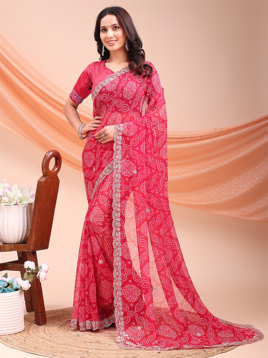 Women's Georgette Bandhani Saree With Unstitched Blouse Piece