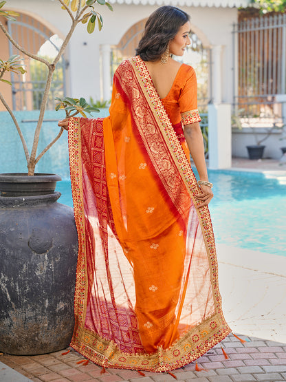 Women's Chiffon Bandhani Saree With Unstitched Blouse Piece