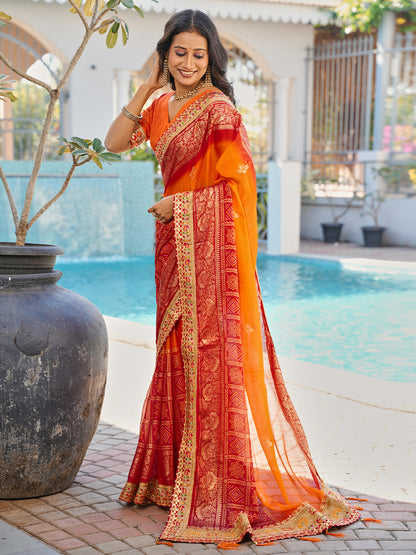 Women's Chiffon Bandhani Saree With Unstitched Blouse Piece