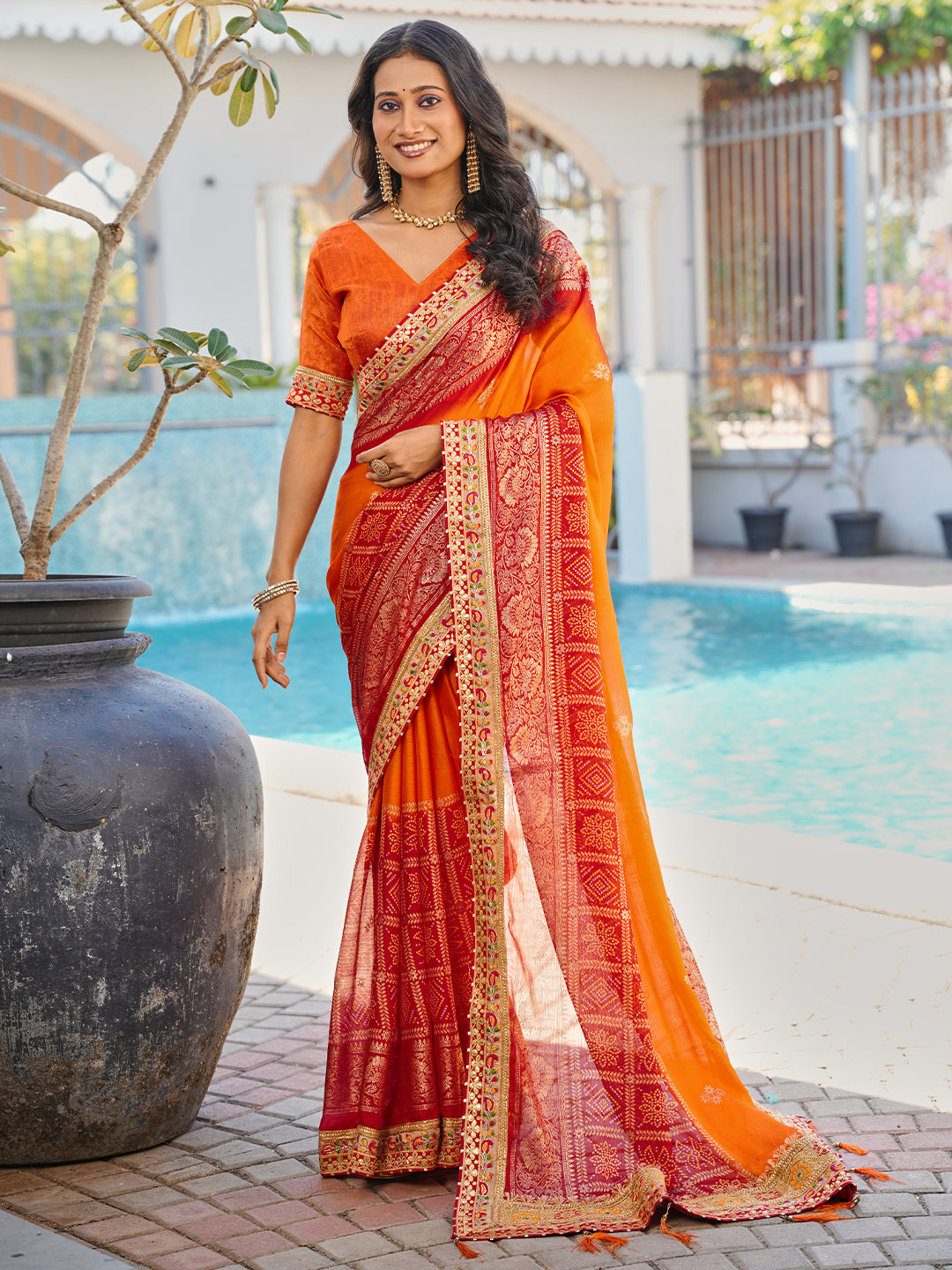 Women's Chiffon Bandhani Saree With Unstitched Blouse Piece