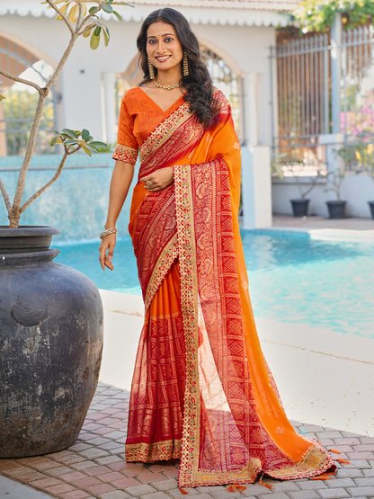 Women's Chiffon Bandhani Saree With Unstitched Blouse Piece