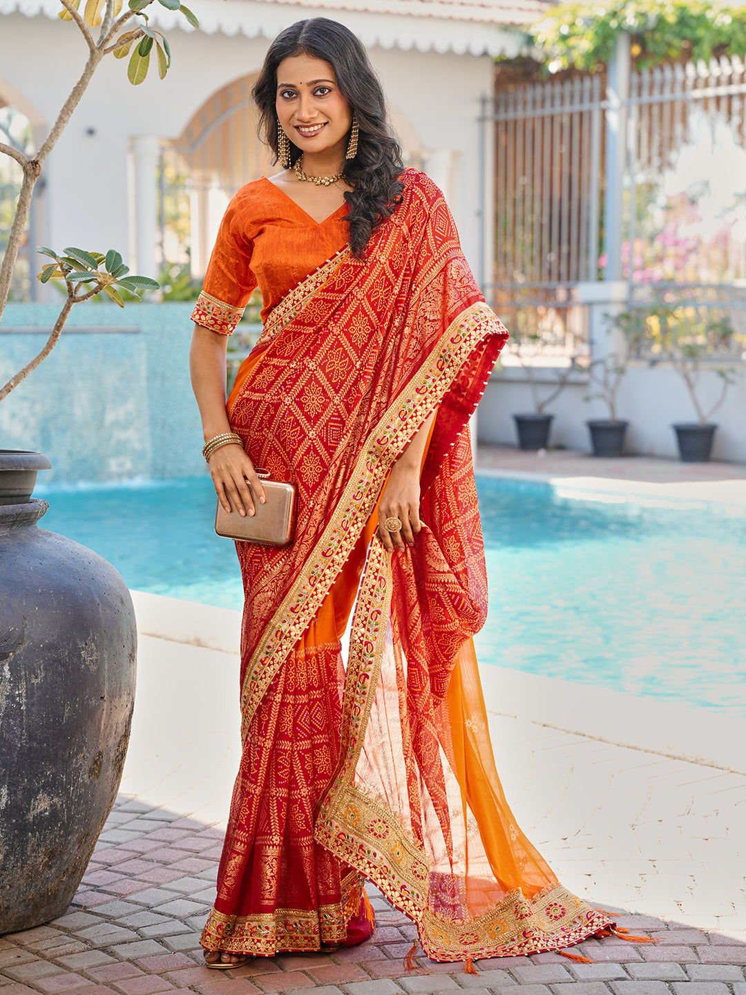 Women's Chiffon Bandhani Saree With Unstitched Blouse Piece