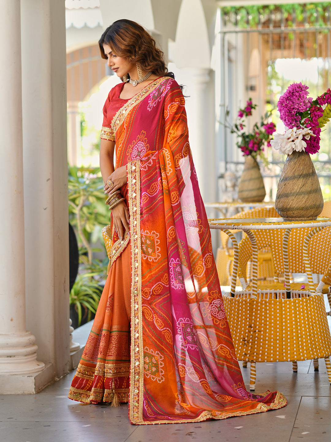 Women's Chiffon Bandhani Saree With Unstitched Blouse Piece