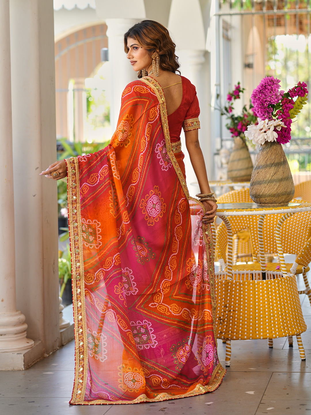 Women's Chiffon Bandhani Saree With Unstitched Blouse Piece