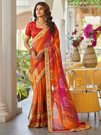 Women's Chiffon Bandhani Saree With Unstitched Blouse Piece