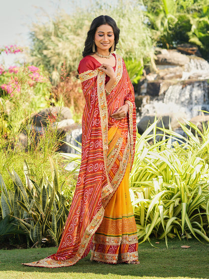 Women's Chiffon Bandhani Saree With Unstitched Blouse Piece