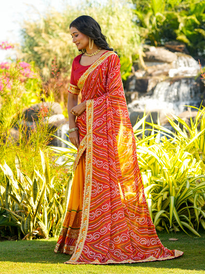 Women's Chiffon Bandhani Saree With Unstitched Blouse Piece