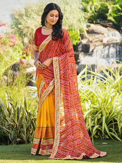 Women's Chiffon Bandhani Saree With Unstitched Blouse Piece