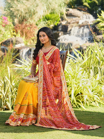 Women's Chiffon Bandhani Saree With Unstitched Blouse Piece