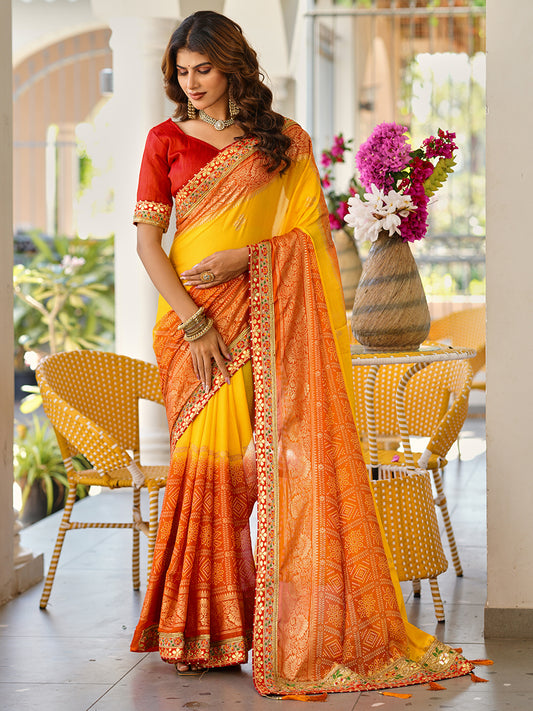 Women's Chiffon Bandhani Saree With Unstitched Blouse Piece