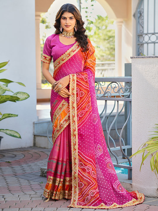 Women's Chiffon Bandhani Saree With Unstitched Blouse Piece