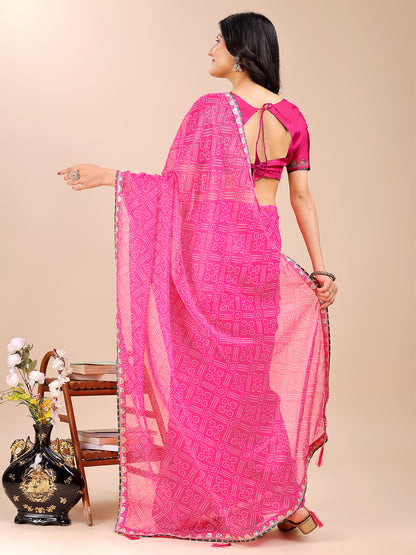 Women's Shimmer Bandhani Saree With Unstitched Blouse Piece