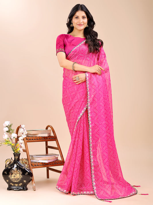 Women's Shimmer Bandhani Saree With Unstitched Blouse Piece