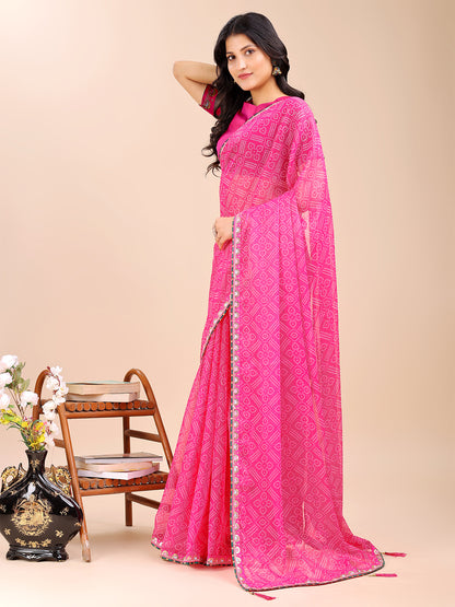Women's Shimmer Bandhani Saree With Unstitched Blouse Piece