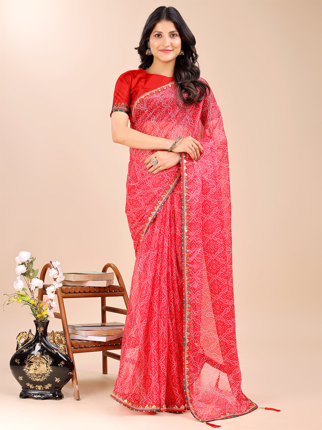 Women's Shimmer Bandhani Saree With Unstitched Blouse Piece