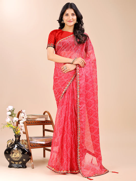 Women's Shimmer Bandhani Saree With Unstitched Blouse Piece