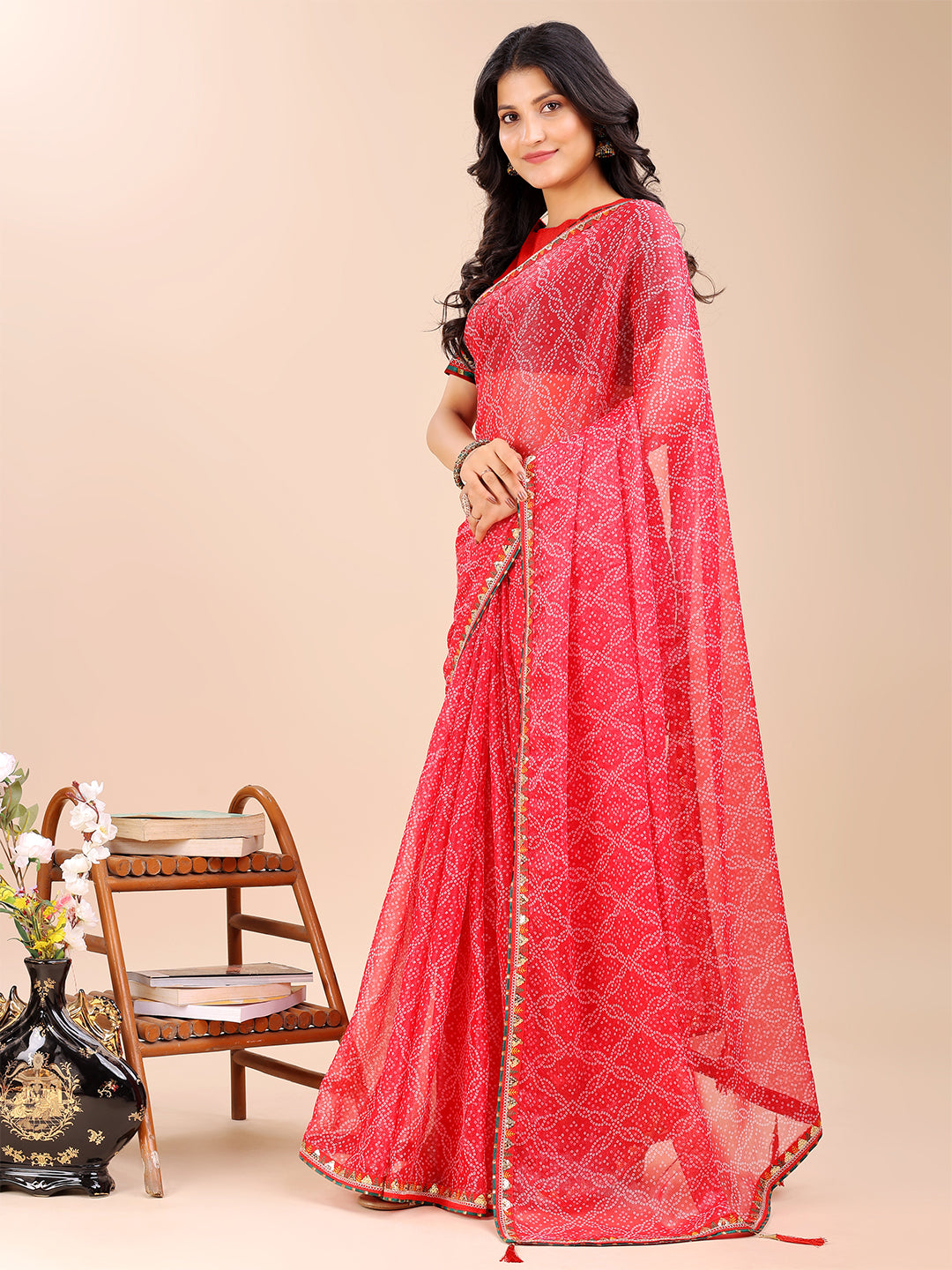 Women's Shimmer Bandhani Saree With Unstitched Blouse Piece