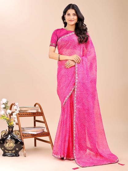 Women's Shimmer Bandhani Saree With Unstitched Blouse Piece