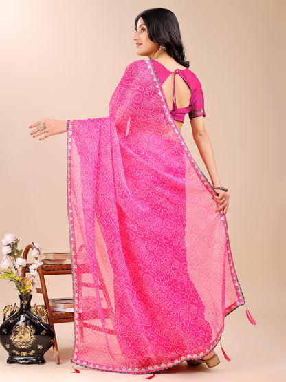 Women's Shimmer Bandhani Saree With Unstitched Blouse Piece