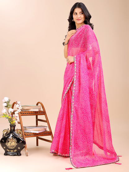 Women's Shimmer Bandhani Saree With Unstitched Blouse Piece