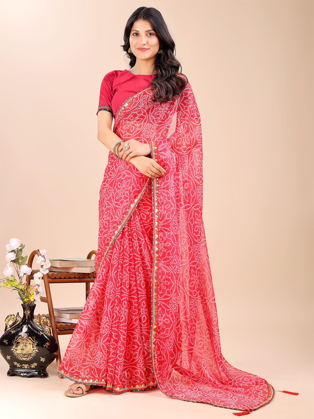 Women's Shimmer Bandhani Saree With Unstitched Blouse Piece