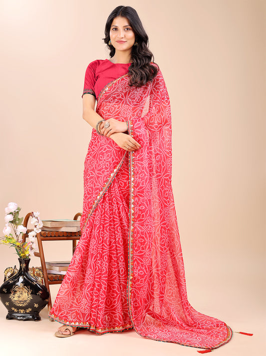 Women's Shimmer Bandhani Saree With Unstitched Blouse Piece