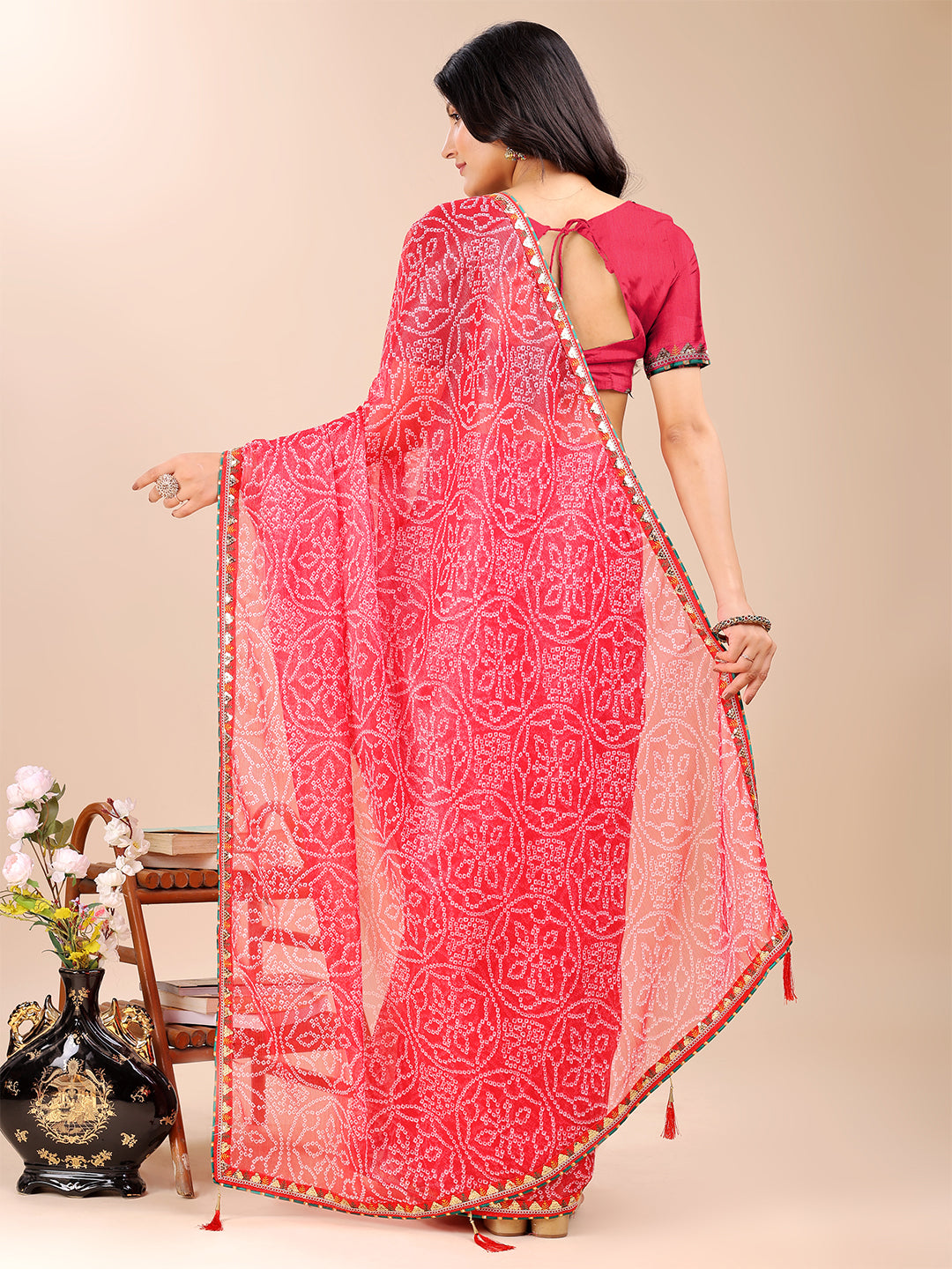 Women's Shimmer Bandhani Saree With Unstitched Blouse Piece