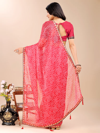 Women's Shimmer Bandhani Saree With Unstitched Blouse Piece