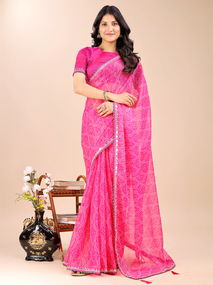 Women's Shimmer Bandhani Saree With Unstitched Blouse Piece