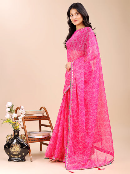 Women's Shimmer Bandhani Saree With Unstitched Blouse Piece