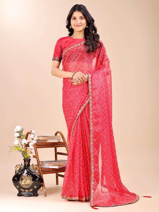 Women's Shimmer Bandhani Saree With Unstitched Blouse Piece