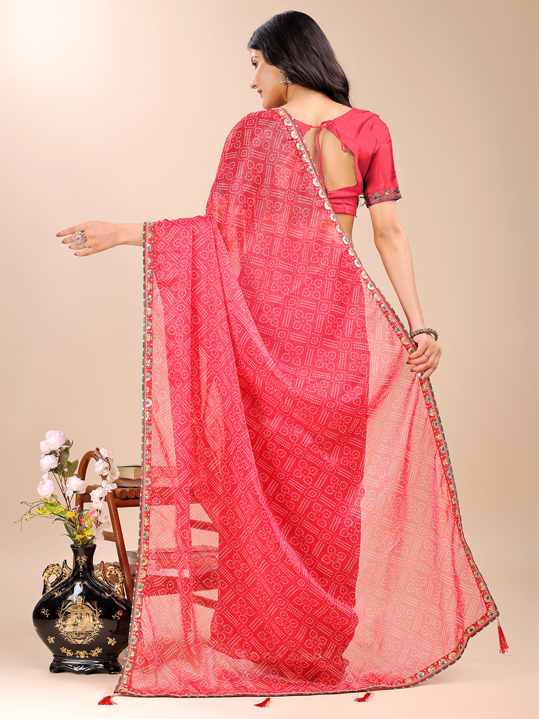 Women's Shimmer Bandhani Saree With Unstitched Blouse Piece