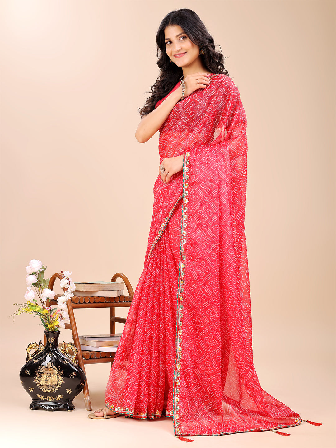 Women's Shimmer Bandhani Saree With Unstitched Blouse Piece