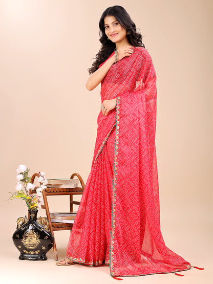 Women's Shimmer Bandhani Saree With Unstitched Blouse Piece