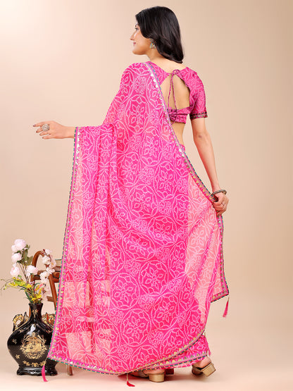 Women's Shimmer Bandhani Saree With Unstitched Blouse Piece