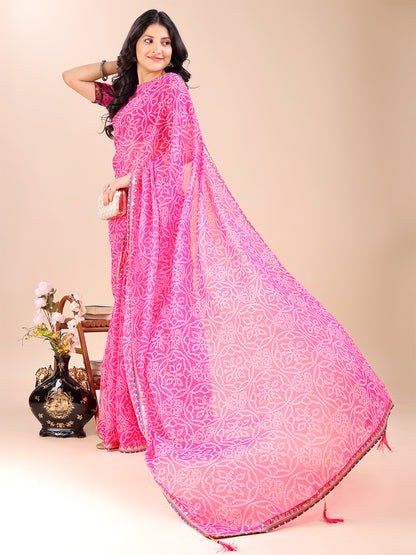 Women's Shimmer Bandhani Saree With Unstitched Blouse Piece