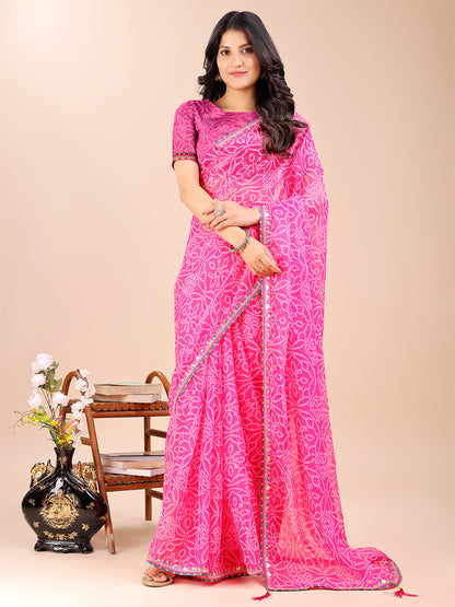 Women's Shimmer Bandhani Saree With Unstitched Blouse Piece