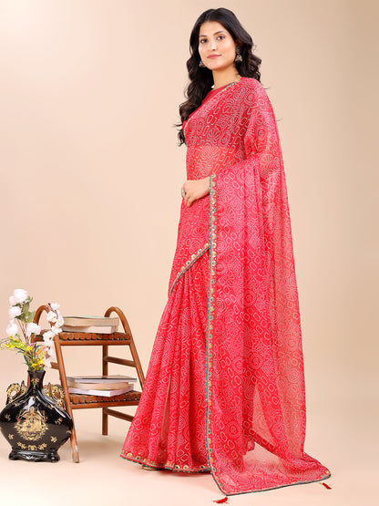 Women's Shimmer Bandhani Saree With Unstitched Blouse Piece