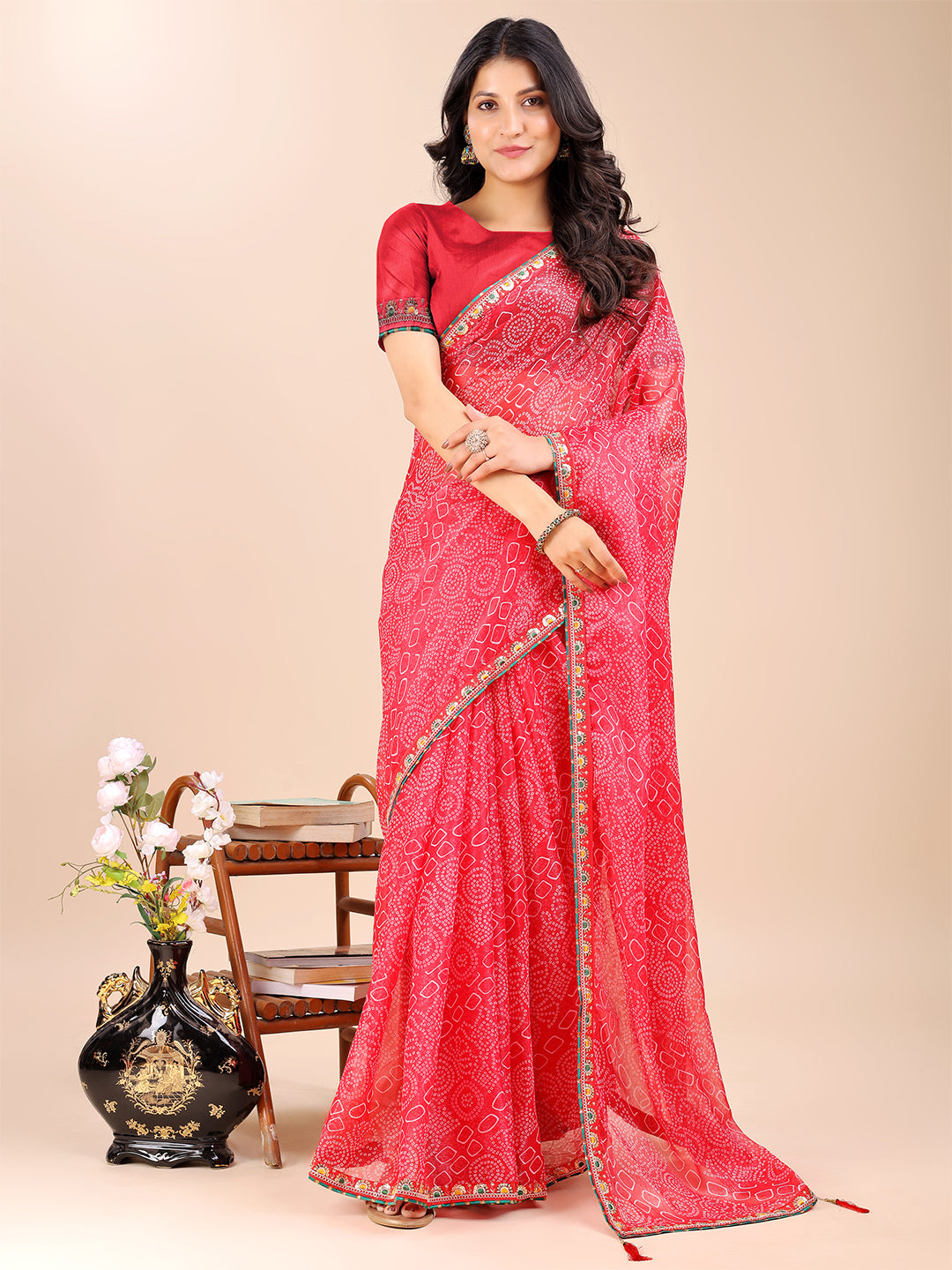 Women's Shimmer Bandhani Saree With Unstitched Blouse Piece
