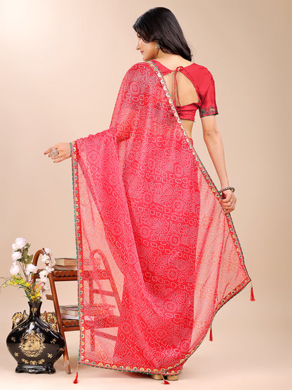 Women's Shimmer Bandhani Saree With Unstitched Blouse Piece