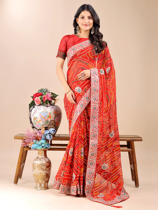 Women's Georgette Bandhani Saree With Unstitched Blouse Piece