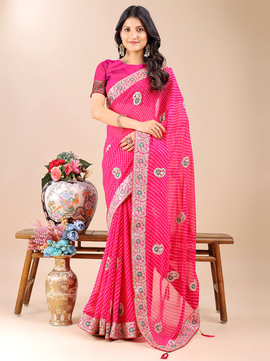 Women's Georgette Bandhani Saree With Unstitched Blouse Piece
