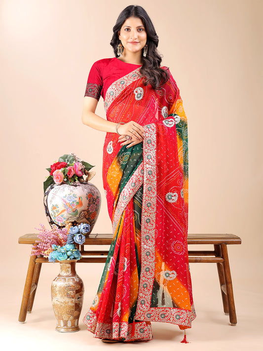 Women's Georgette Bandhani Saree With Unstitched Blouse Piece