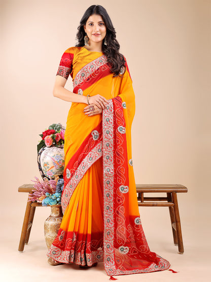 Women's Georgette Bandhani Saree With Unstitched Blouse Piece