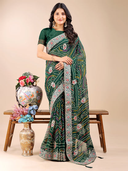 Women's Georgette Bandhani Saree With Unstitched Blouse Piece