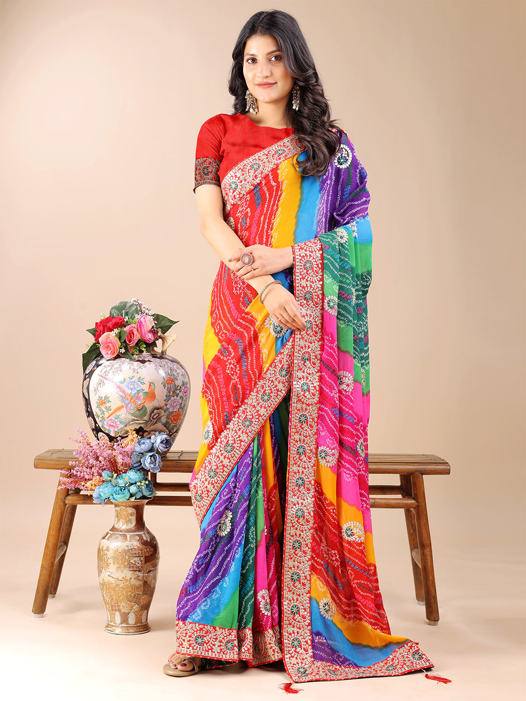 Women's Georgette Bandhani Saree With Unstitched Blouse Piece