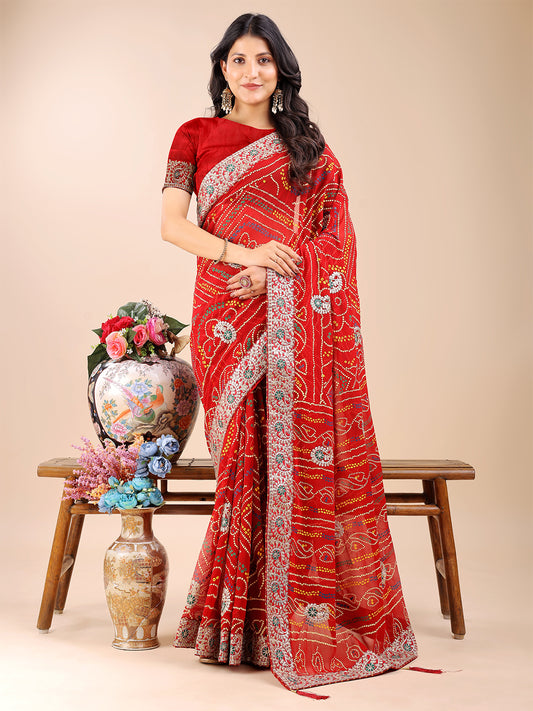 Women's Georgette Bandhani Saree With Unstitched Blouse Piece