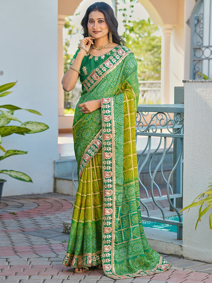 Women's Chiffon Bandhani Saree With Unstitched Blouse Piece