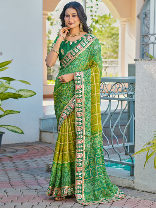 Women's Chiffon Bandhani Saree With Unstitched Blouse Piece